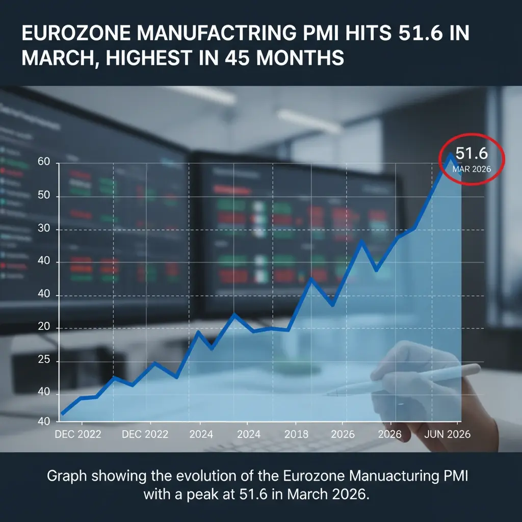 Illustration pour Indice PMI manufacturier de la zone euro atteint 51,6 en mars, son plus haut niveau en 45 mois