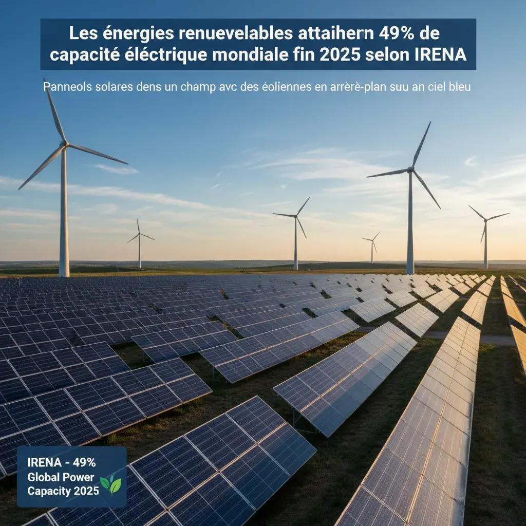 Illustration pour Les énergies renouvelables atteignent 49% de la capacité électrique mondiale fin 2025 selon IRENA