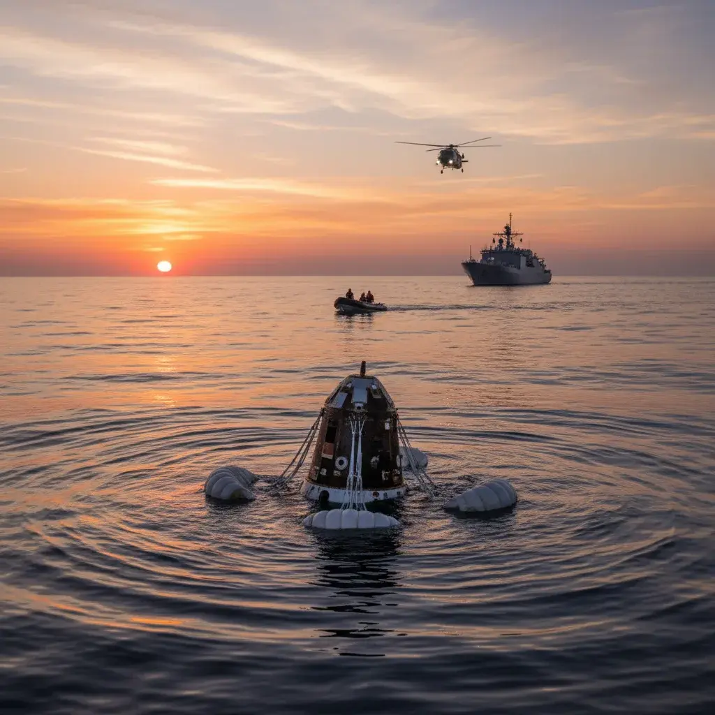 Illustration pour La capsule Artemis II amerrit avec succès dans le Pacifique