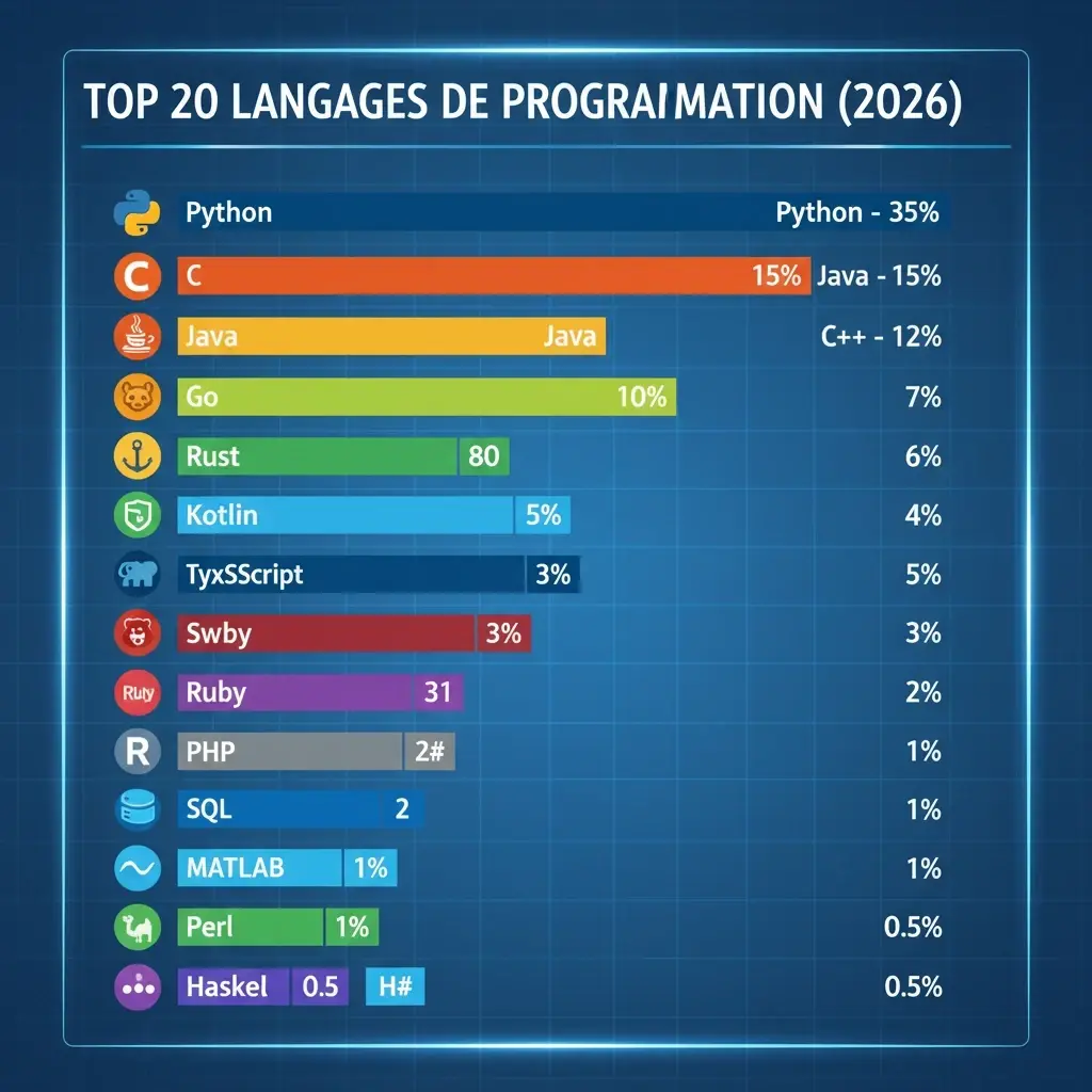 Illustration pour Les 20 langages informatiques les plus populaires en avril 2026