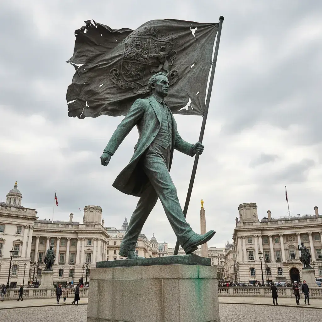 Illustration pour Banksy confirme l'authenticité de sa nouvelle statue à Waterloo Place : un homme aveuglé par un drapeau
